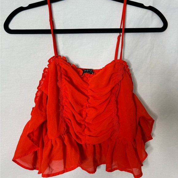 Red Ruffle off shoulder cropped top - Picture 2 of 8